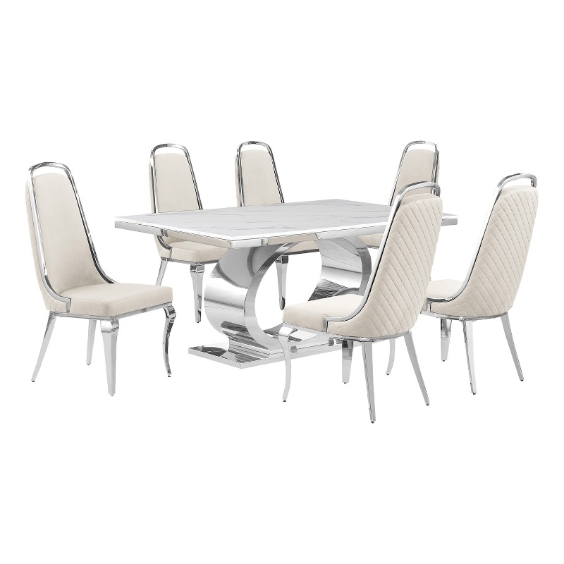 Best Quality Furniture White Marble Dining Set with Cream Velvet Chairs