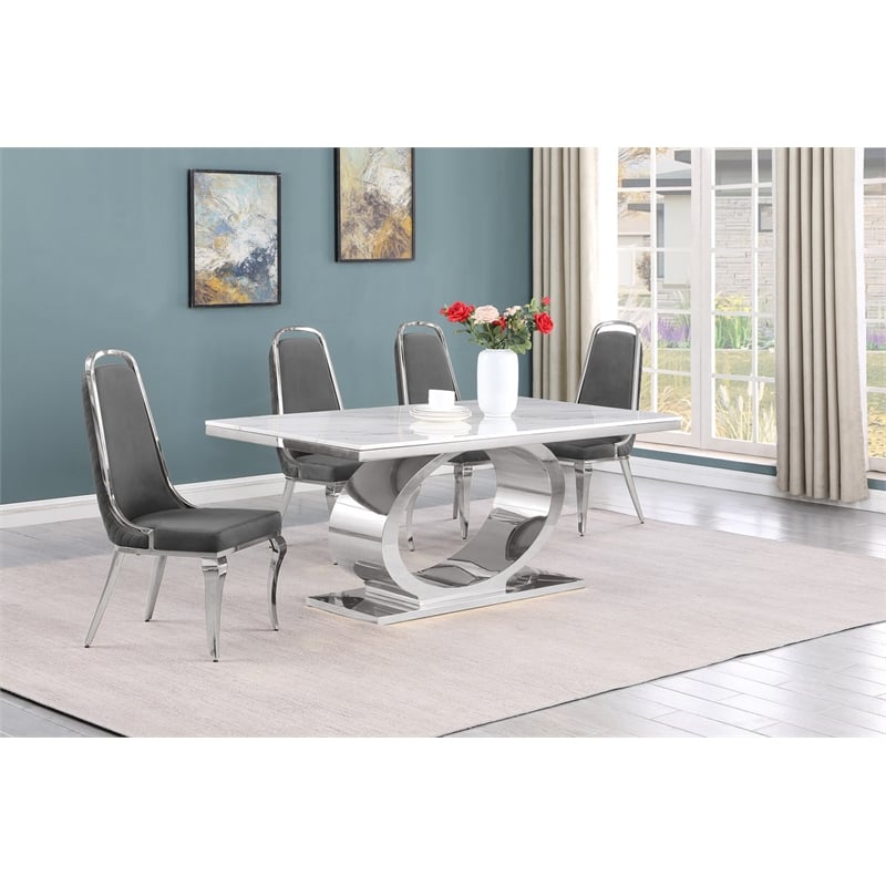 Best Quality Furniture White Marble Dining Set with Dark Gray Velvet Chairs
