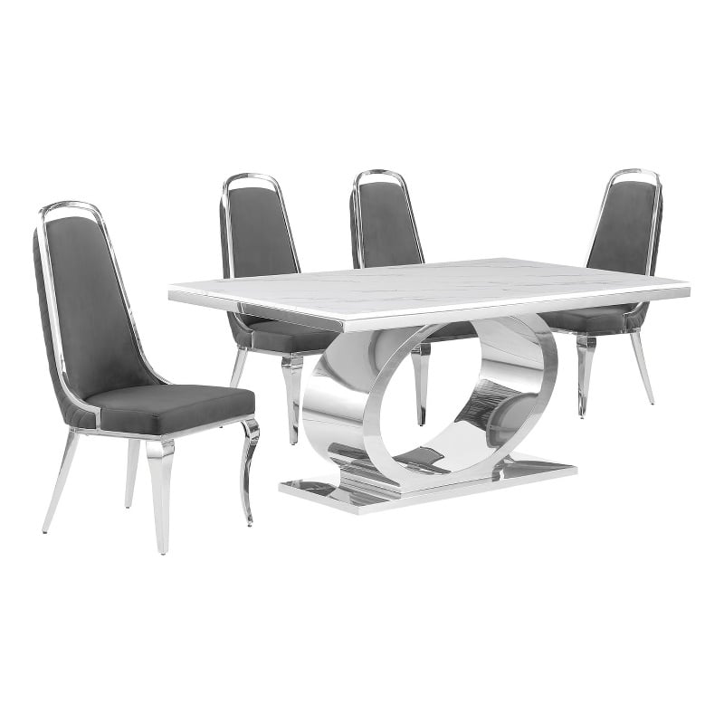 Best Quality Furniture White Marble Dining Set with Dark Gray Velvet Chairs