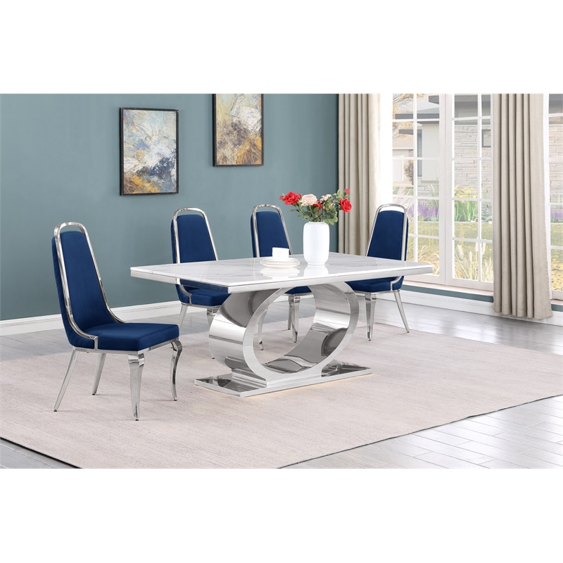 Best Quality Furniture White Marble Dining Set with Navy Blue Velvet Chairs