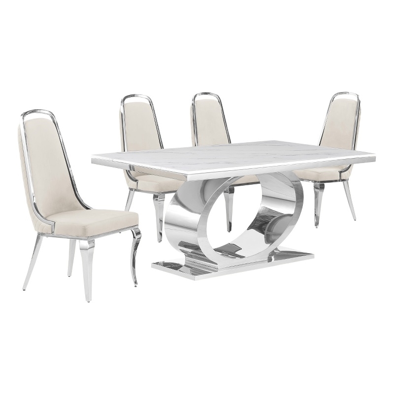 Best Quality Furniture White Marble Dining Set with Cream Velvet Chairs