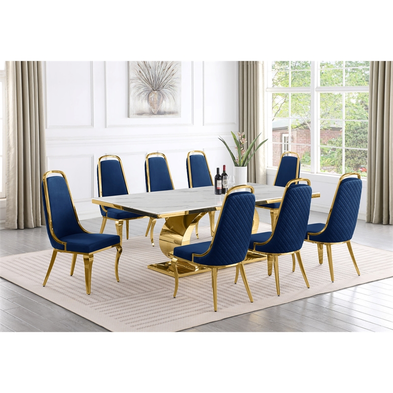 Best Quality Furniture White Marble Dining Set with Navy Blue Velvet Chairs