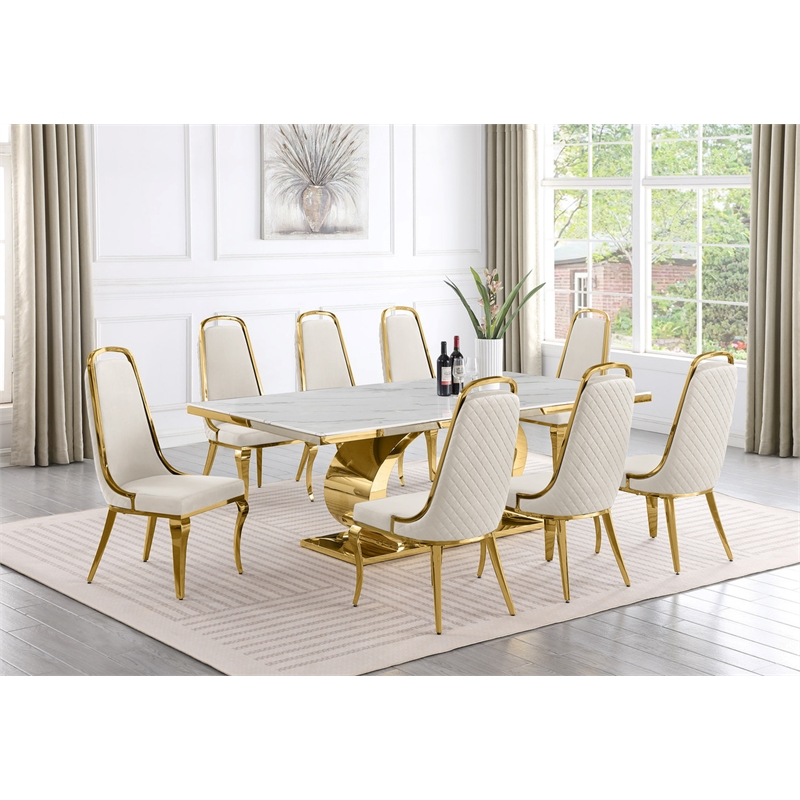 Best Quality Furniture White Marble Dining Set with Cream Velvet Chairs