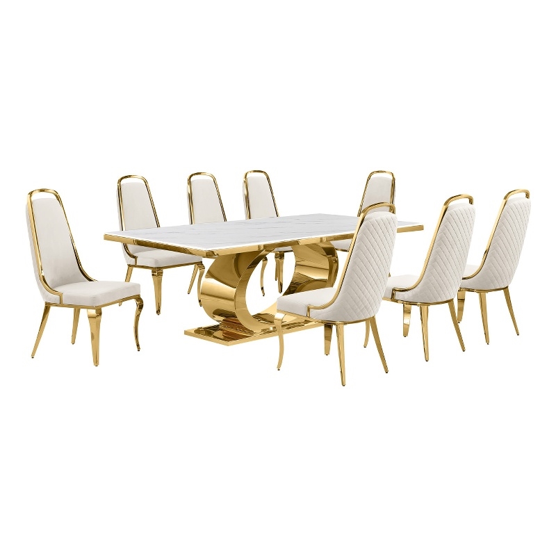 Best Quality Furniture White Marble Dining Set with Cream Velvet Chairs