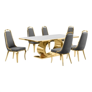 Best Quality Furniture White Marble Dining Set with Dark Gray Velvet Chairs