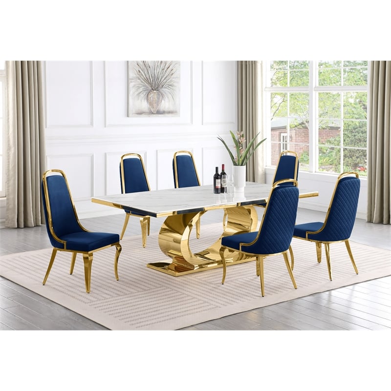 Best Quality Furniture White Marble Dining Set with Navy Blue Velvet Chairs