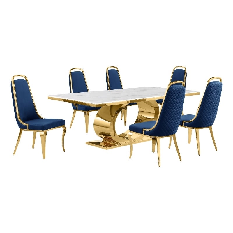 Best Quality Furniture White Marble Dining Set with Navy Blue Velvet Chairs
