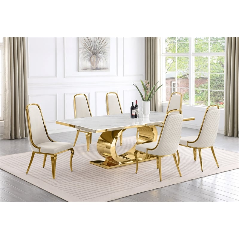 Best Quality Furniture White Marble Dining Set with Cream Velvet Chairs