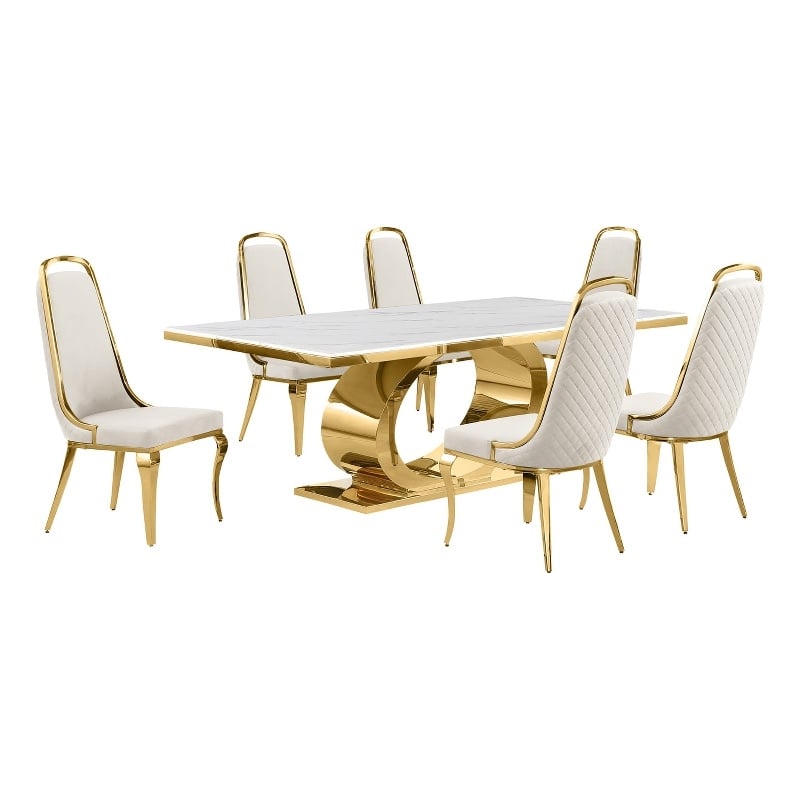 Best Quality Furniture White Marble Dining Set with Cream Velvet Chairs