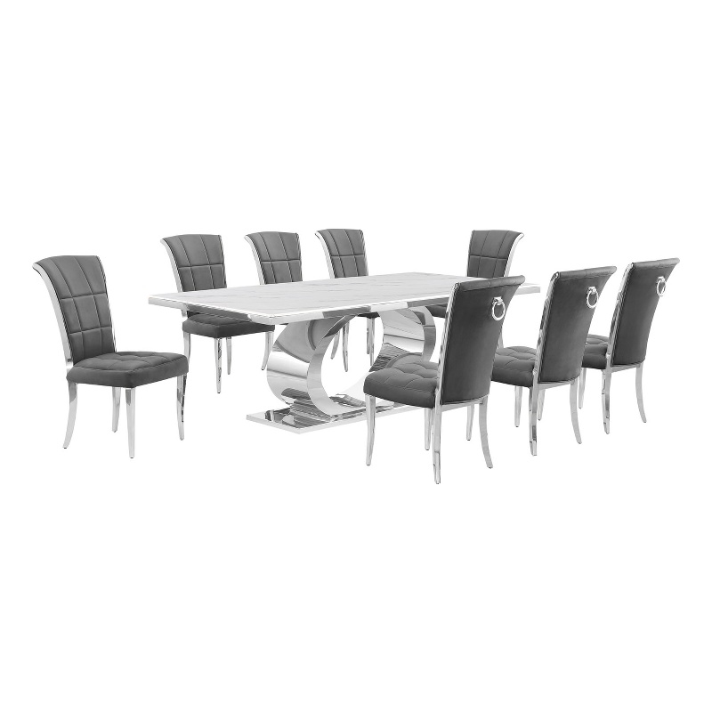 Best Quality Furniture White Marble Dining Set with Dark Gray Velvet Chairs