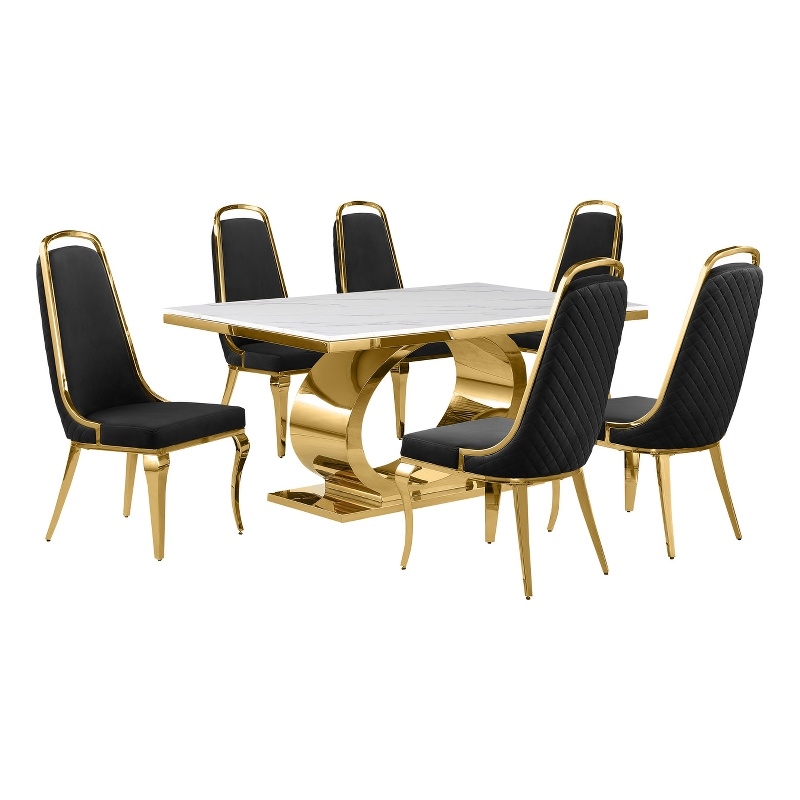 Best Quality Furniture White Marble Dining Set with Black Velvet Chairs