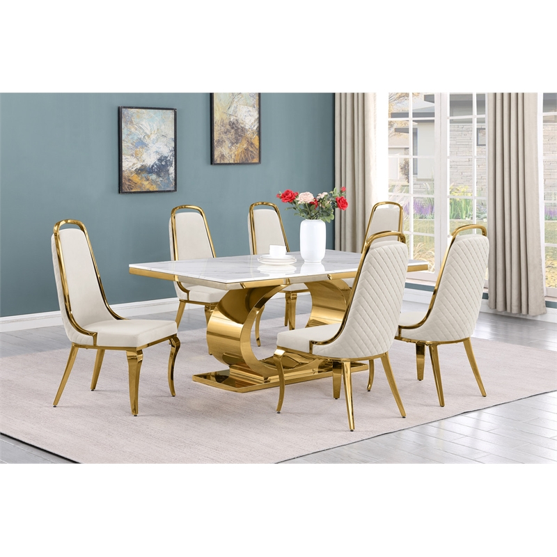 Best Quality Furniture White Marble Dining Set with Cream Velvet Chairs
