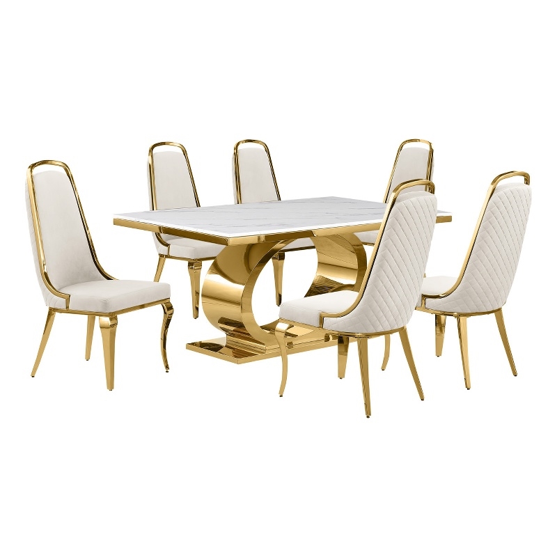 Best Quality Furniture White Marble Dining Set with Cream Velvet Chairs