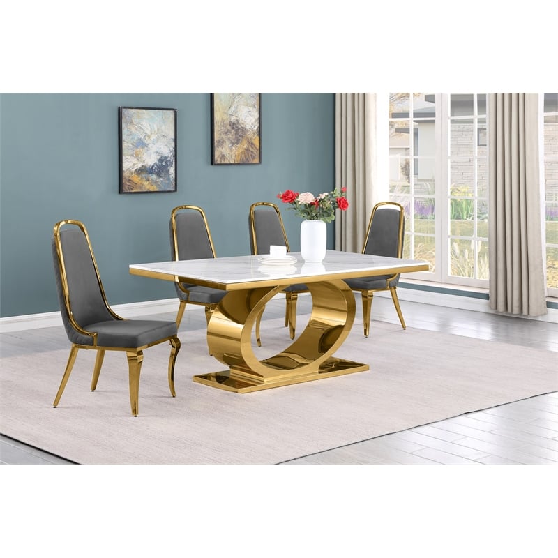 Best Quality Furniture White Marble Dining Set with Dark Gray Velvet Chairs