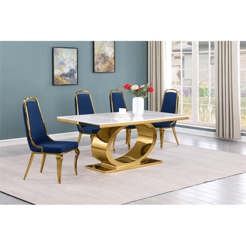 Best Quality Furniture White Marble Dining Set with Navy Blue Velvet Chairs