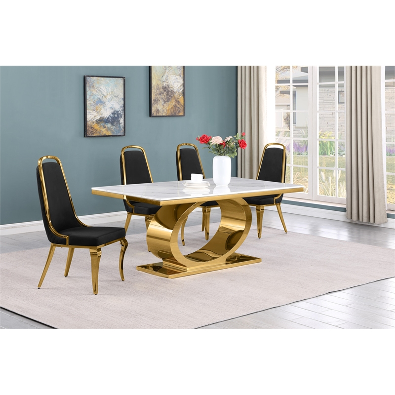 Best Quality Furniture White Marble Dining Set with Black Velvet Chairs
