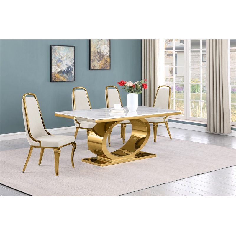 Best Quality Furniture White Marble Dining Set with Cream Velvet Chairs