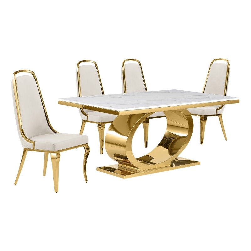Best Quality Furniture White Marble Dining Set with Cream Velvet Chairs