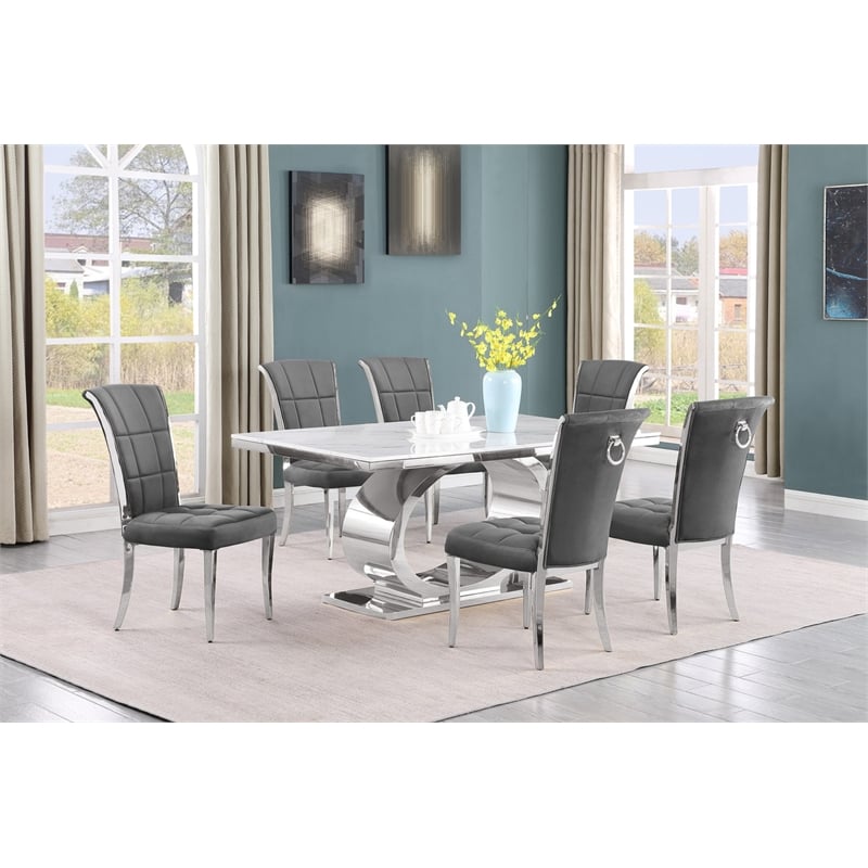 Best Quality Furniture White Marble Dining Set with Dark Gray Velvet Chairs