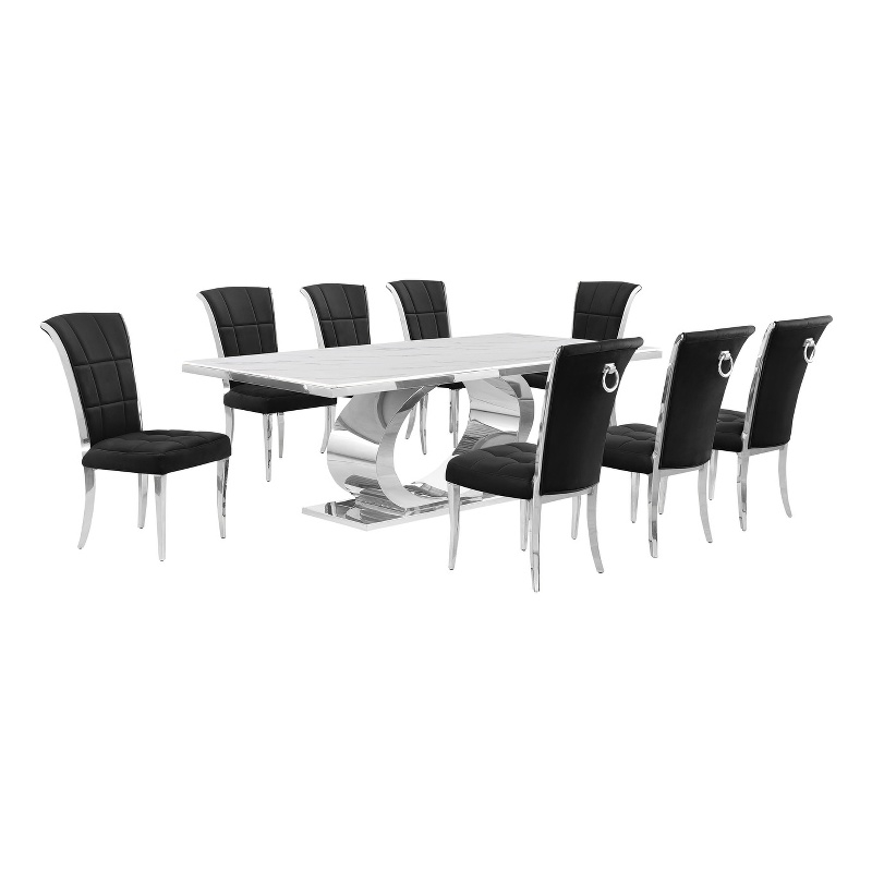 Best Quality Furniture White Marble Dining Set with Black Velvet Chairs