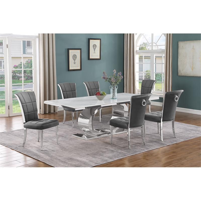Best Quality Furniture White Marble Dining Set with Dark Gray Velvet Chairs