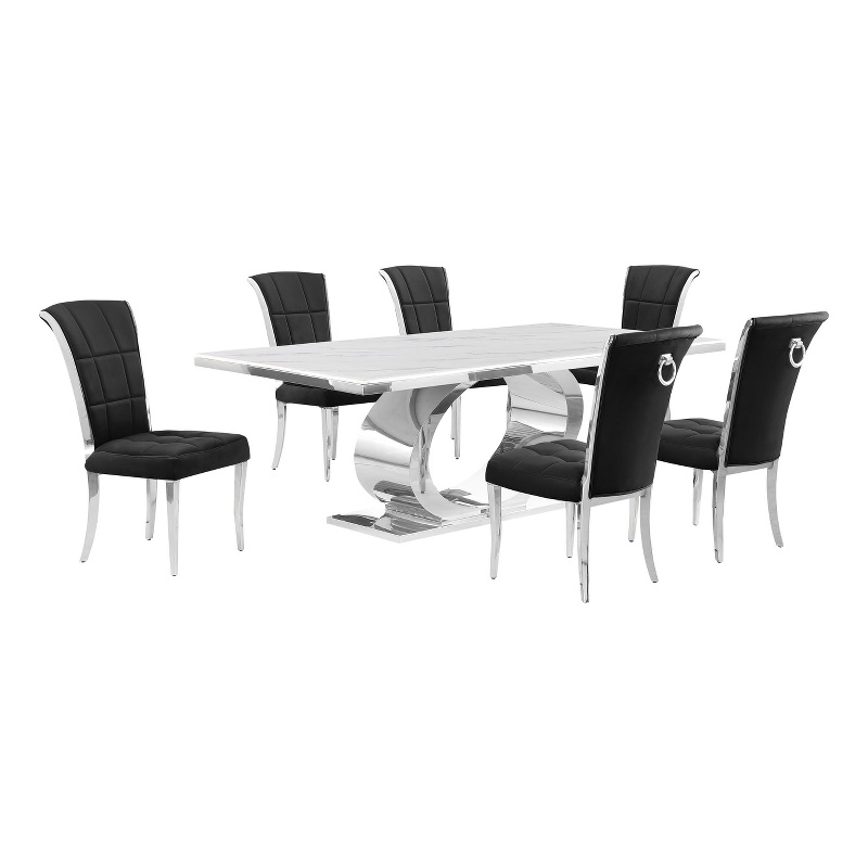 Best Quality Furniture White Marble Dining Set with Black Velvet Chairs