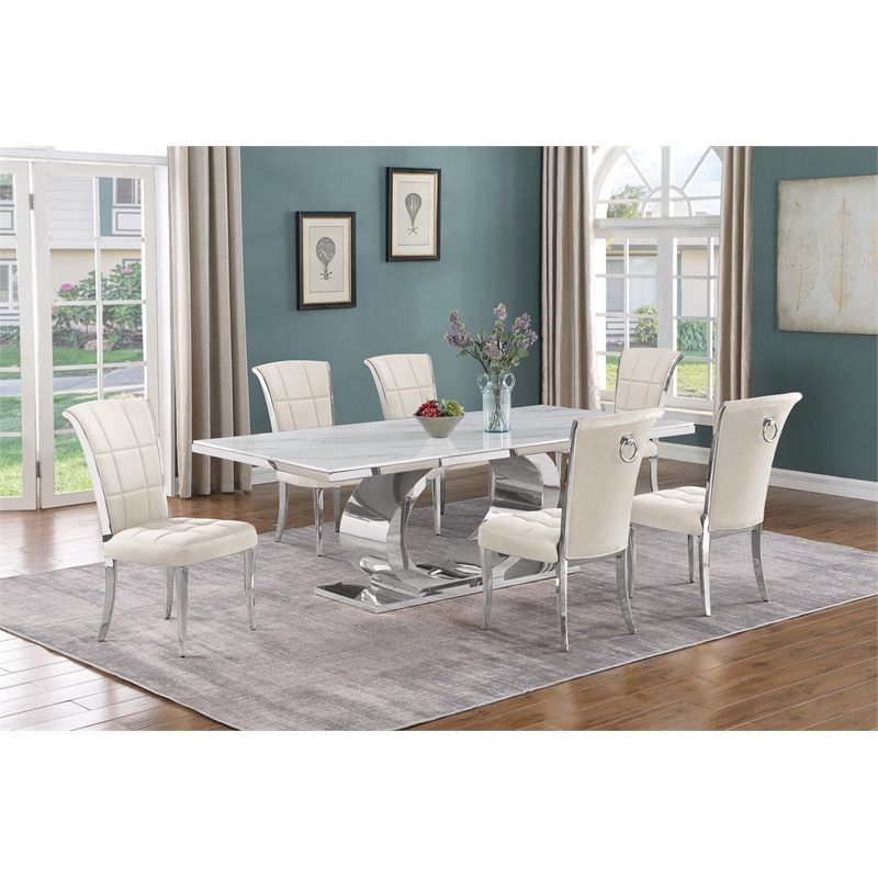 Best Quality Furniture White Marble Dining Set with Cream Velvet Chairs