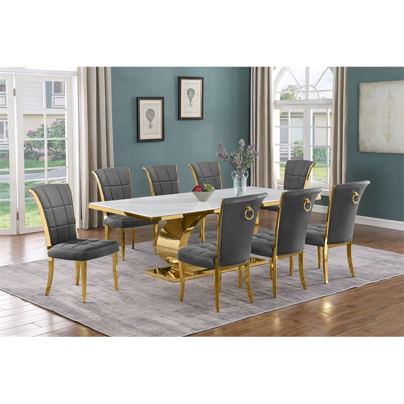 Best Quality Furniture White Marble Dining Set with Dark Gray Velvet Chairs