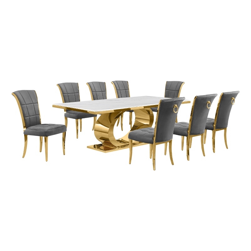 Best Quality Furniture White Marble Dining Set with Dark Gray Velvet Chairs