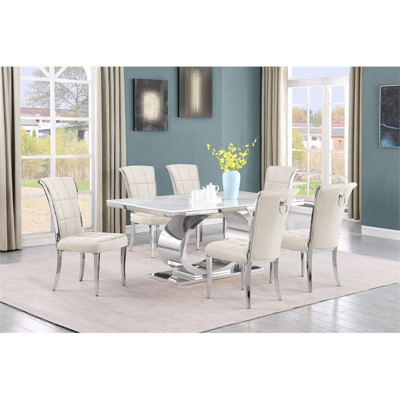 Best Quality Furniture White Marble Dining Set with Cream Velvet Chairs
