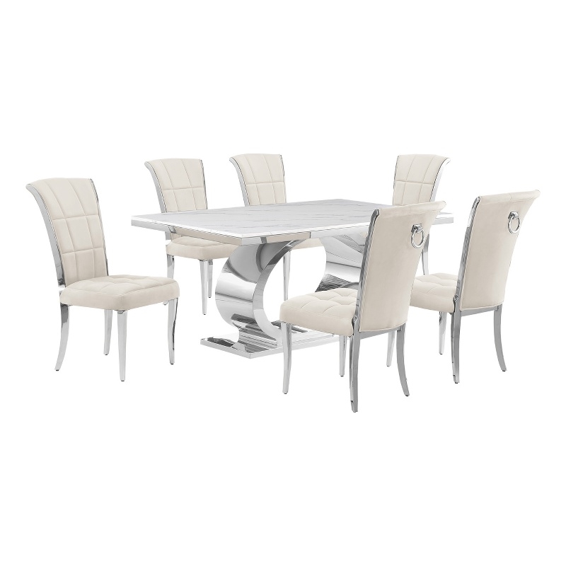 Best Quality Furniture White Marble Dining Set with Cream Velvet Chairs