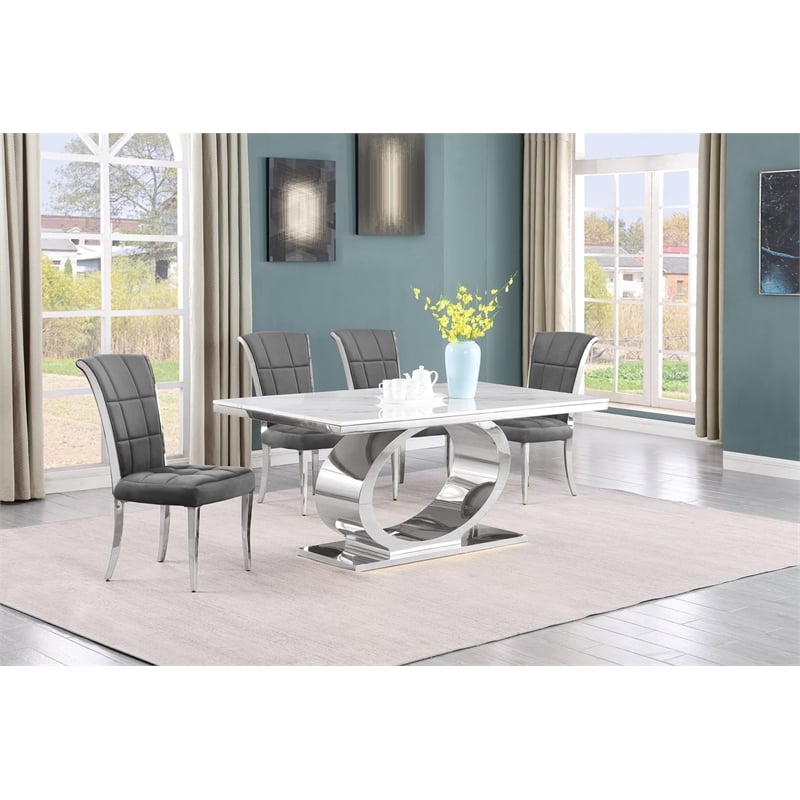 Best Quality Furniture White Marble Dining Set with Dark Gray Velvet Chairs