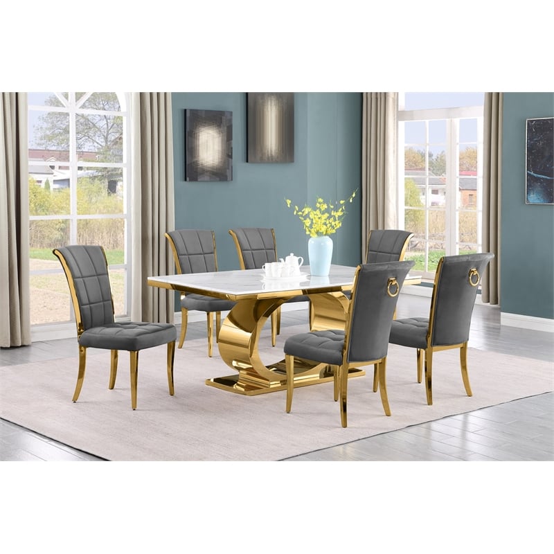 Best Quality Furniture White Marble Dining Set with Dark Gray Velvet Chairs