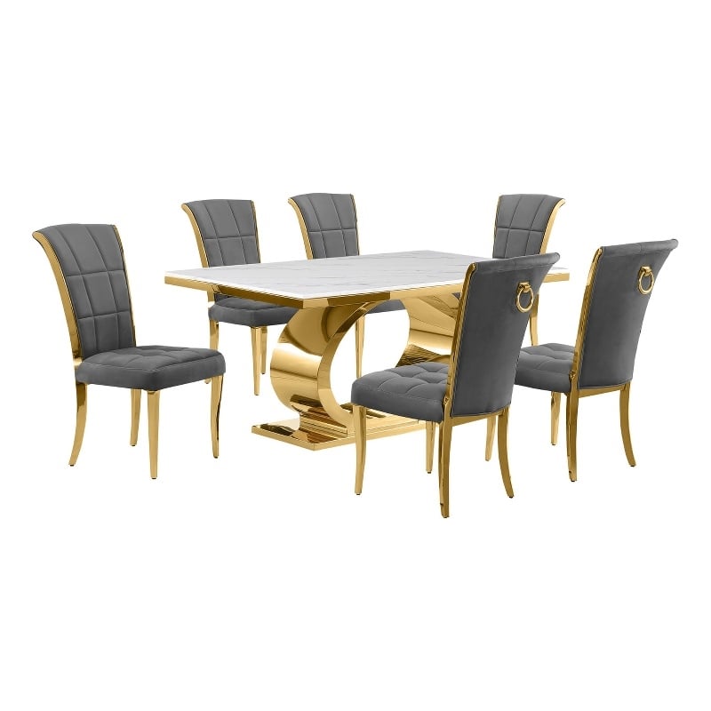 Best Quality Furniture White Marble Dining Set with Dark Gray Velvet Chairs