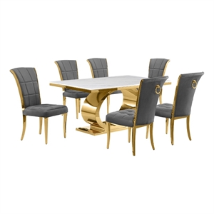Best Quality Furniture White Marble Dining Set with Dark Gray Velvet Chairs