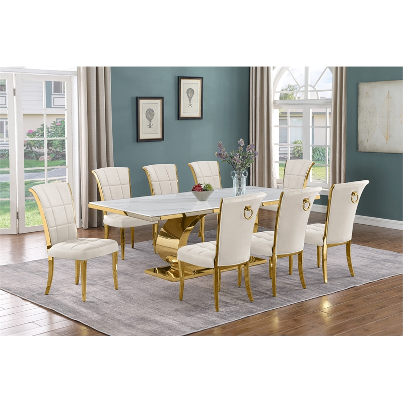 Best Quality Furniture White Marble Dining Set with Cream Velvet Chairs
