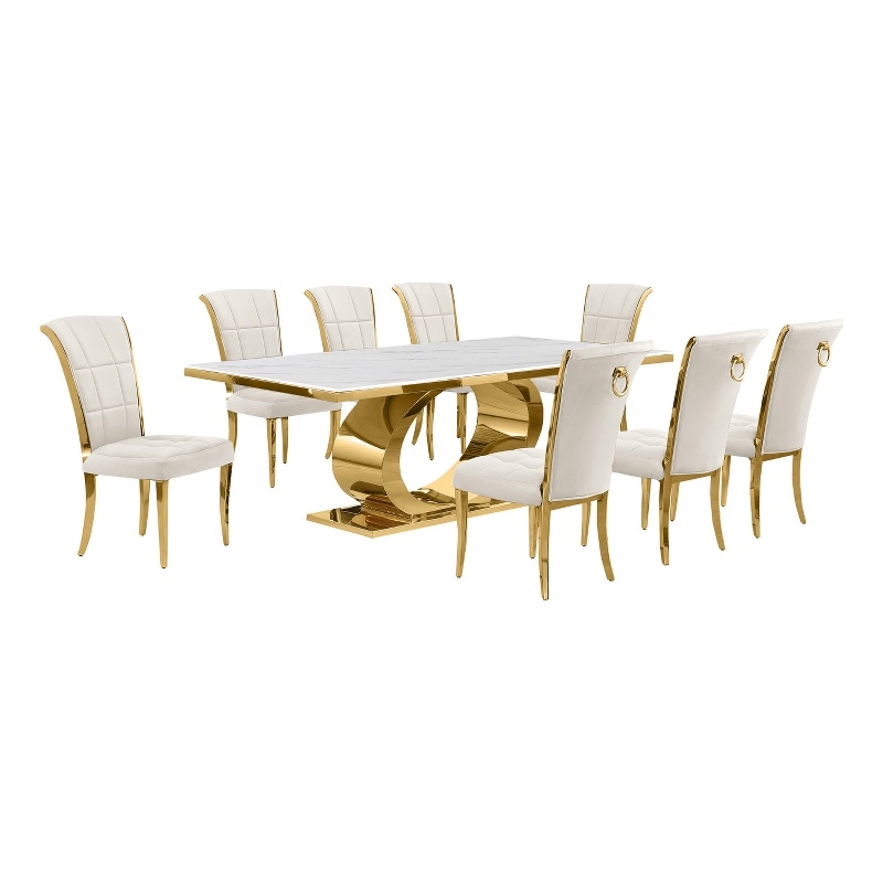 Best Quality Furniture White Marble Dining Set with Cream Velvet Chairs