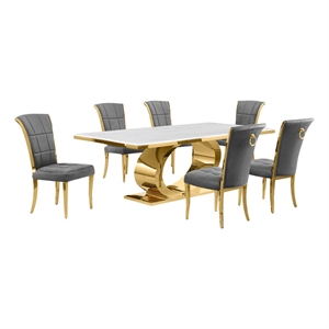 Best Quality Furniture White Marble Dining Set with Dark Gray Velvet Chairs