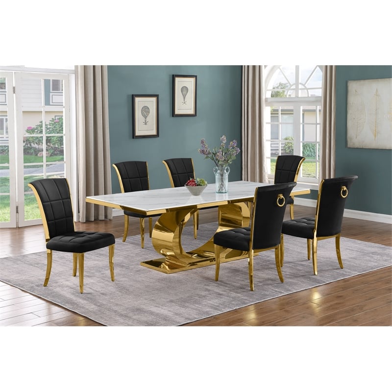 Best Quality Furniture White Marble Dining Set with Black Velvet Chairs