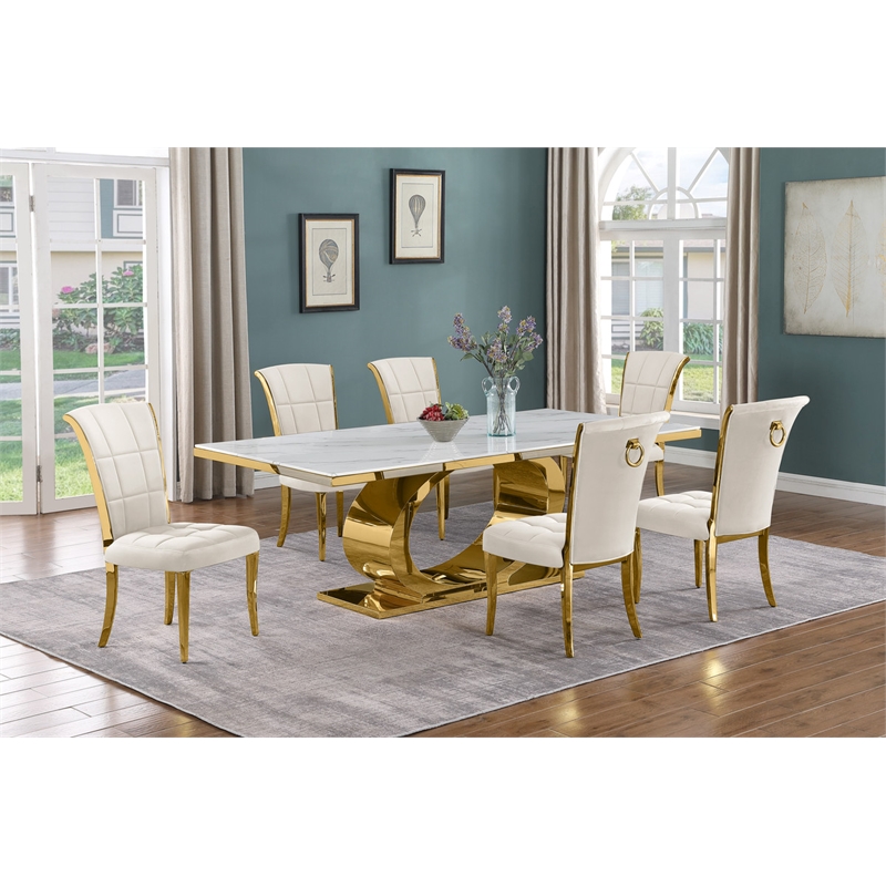 Best Quality Furniture White Marble Dining Set with Cream Velvet Chairs