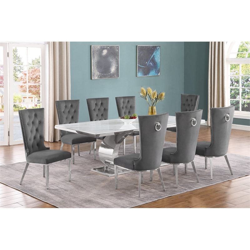 Best Quality Furniture White Marble Dining Set with Dark Gray Velvet Chairs