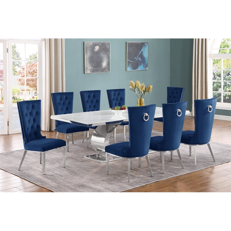 Best Quality Furniture White Marble Dining Set with Navy Blue Velvet Chairs