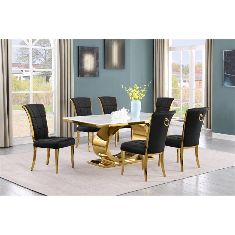 Best Quality Furniture White Marble Dining Set with Black Velvet Chairs