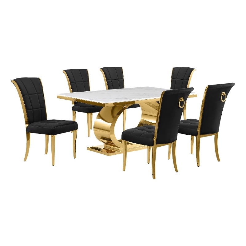 Best Quality Furniture White Marble Dining Set with Black Velvet Chairs