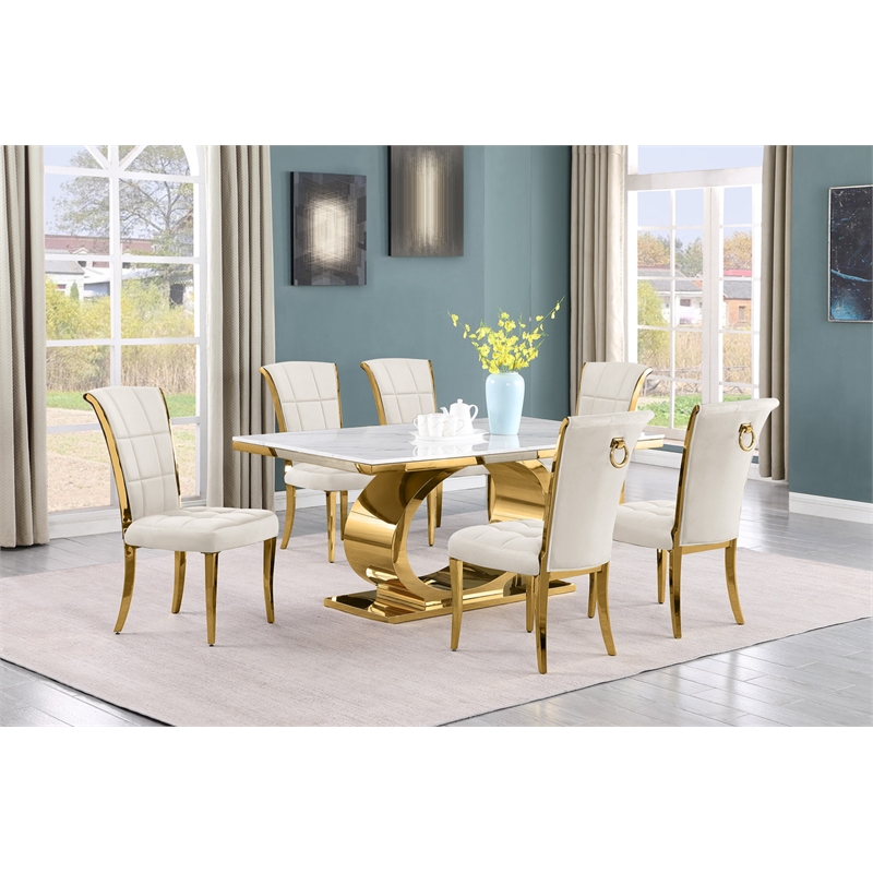 Best Quality Furniture White Marble Dining Set with Cream Velvet Chairs