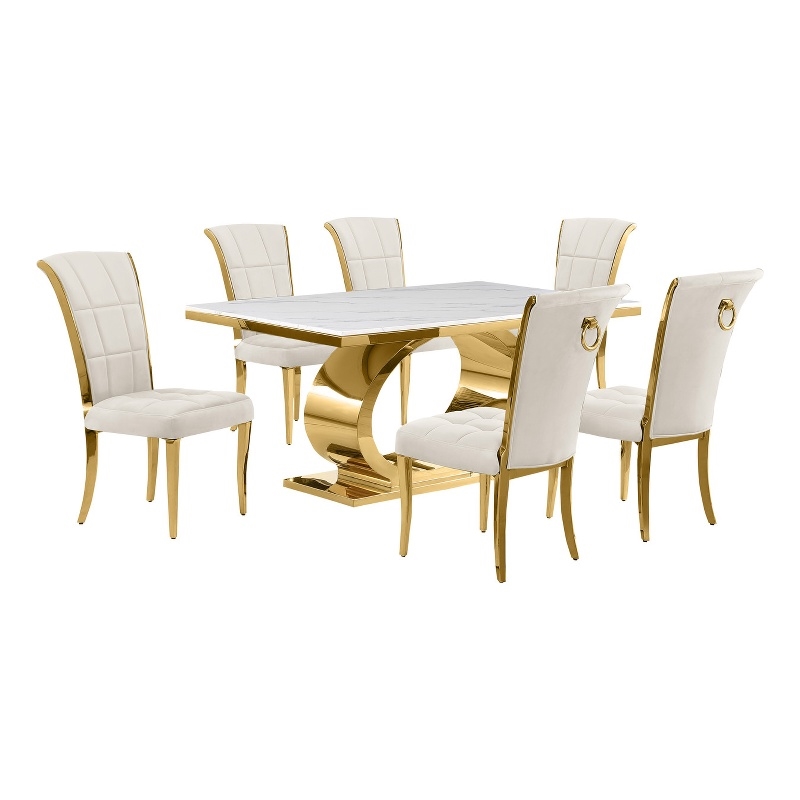 Best Quality Furniture White Marble Dining Set with Cream Velvet Chairs