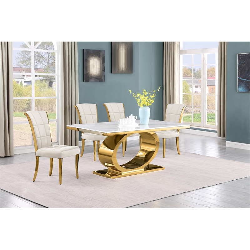 Best Quality Furniture White Marble Dining Set with Cream Velvet Chairs