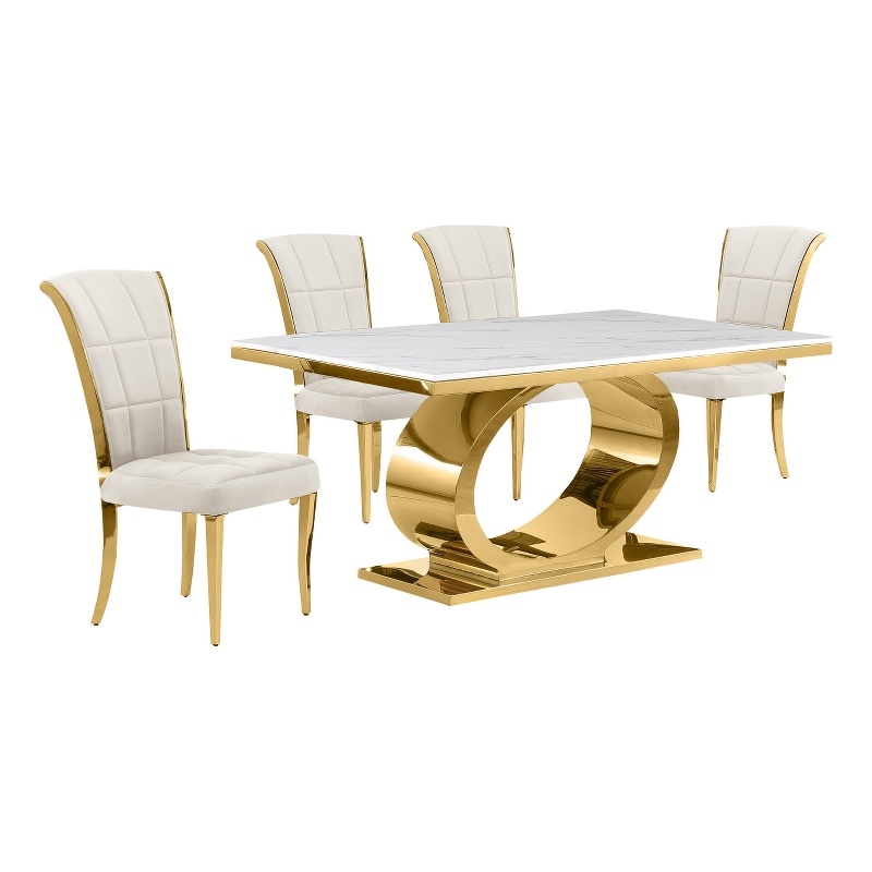 Best Quality Furniture White Marble Dining Set with Cream Velvet Chairs
