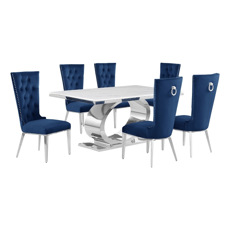 Best Quality Furniture White Marble Dining Set with Navy Blue Velvet Chairs