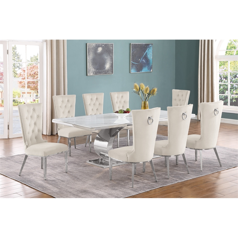 Best Quality Furniture White Marble Dining Set with Cream Velvet Chairs
